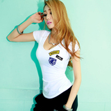 夏季新款韩版纯棉女装低领印章短袖修身打底衫V领性感紧身T恤上衣