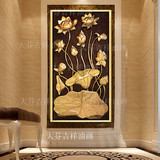 纯手工油画东南亚风格金色荷花客厅会所装饰画墙饰抽象挂画荷花
