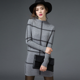 2016秋冬新款韩版女装套头毛衣中长款半高领大码格子羊毛打底衫
