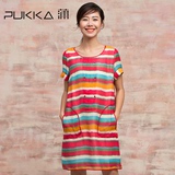 Pukka/蒲牌2016夏季新款原创设计大码女装商场同款条纹短袖连衣裙