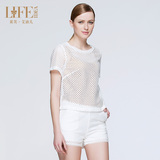 莱芙艾迪儿2016新款白色镂空短袖针织休闲套装女夏两件套纯色