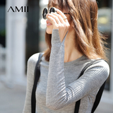 Amii毛衣女套头 长袖修身显瘦螺纹 2016春秋新款百搭韩版打底衫