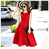 罗家精品2015秋装女装新品 褶皱大摆红色长裙气质修身背心连衣裙