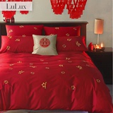 露之熙纯棉四件套全棉60支大红色刺绣花中式结婚庆床上用品六件套