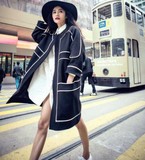 2016春季新款时尚欧美风黑白拼接薄款外套蜂窝中长款休闲外套女