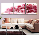 客厅冰晶画装饰画 无框钢化玻璃画 壁画 三联画 粉色玫瑰 冰晶画