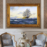 油画客厅简欧手绘风景大海帆船装饰画美式玄关走廊有框画欧式古典