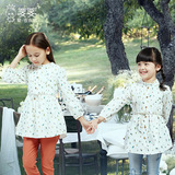 女童长袖衬衫纯棉2016春装白色印花中长款打底衫韩版中大童衬衣