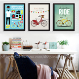自行车彩色插画欧美式创意挂画有框画怀旧复古装饰画卧室墙壁画框