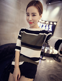 2015早秋季新款韩版女人风修身显瘦撞色拼色宽条纹薄款短袖针织衫