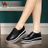 骆驼正品牌真皮鞋纯皮系带运动女鞋黑色厚底松糕坡跟高跟深口单鞋