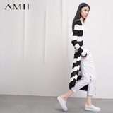 AMII及简2015春季新款横条纹长袖显瘦大码长款针织衫开衫外套女装