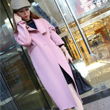 2016冬春新款韩版藕粉色宽松超长版款羊毛呢子大衣毛呢外套女装潮
