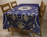 e创意中式桌布深蓝色吉祥花纹大尺寸餐台布厚磅棉麻桌布长方形盖.