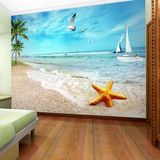热卖现代简约海景壁画沙发电视背景墙纸壁纸3D立体大海沙滩海鸥