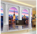 新款3D大型壁画地中海风情城市夜景拓展假窗客厅卧室酒店背景墙纸