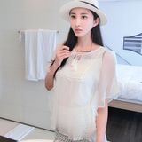 格乐丽雅2016原创新款白色真丝T恤刺绣花朵圆领流苏系带上衣打底