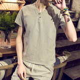 夏季日系短袖T恤男韩版V领青少年学生套头衫修身纯色亚麻打底衫男