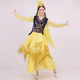 伟百富新款新疆舞蹈裙女装维族舞蹈演出服装民族服装V领亮片裙子