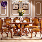塞瓦那莉欧式圆形餐桌椅组合全实木美式简约仿古木质桌面吃饭台M1