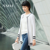 Amii针织衫女开衫 长袖中长款条纹2016春秋新外套 条纹时尚运动风