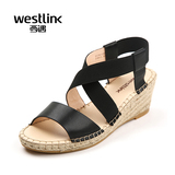 Westlink西遇女鞋2016夏季新款真皮拼接麻绳编织一脚蹬坡跟女凉鞋