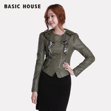 Basic House百家好春夏新品女式韩版蕾丝拼接PU皮衣外套HMLT222A