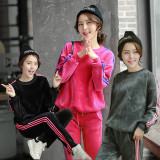 韩版春装金丝绒休闲套装女时尚保暖加厚加绒套头卫衣运动服两件套