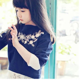 2016童装春季新品新款 女童 毛圈料刺绣 七分袖韩版卫衣 套头衫