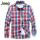 夏季afs jeep长袖衬衫男格子青年大码宽松胖子薄款休闲全棉衬衣