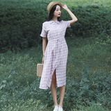 2016夏季新款女装韩国东大门代购长款百搭格子衬衫棉麻料连衣裙