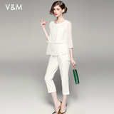 VM2016夏季新款时尚气质名媛小香风显瘦撞色拼接七分裤两件套装女