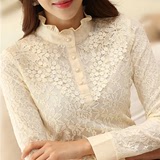 秋冬季韩版大码女装加绒加厚打底衫女士高领长袖t恤短款蕾丝上衣