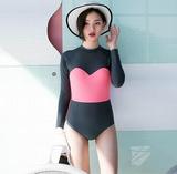 韩国2016新款代购时尚拼色性感防晒长袖连体泳衣修身显瘦温泉泳装