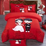卡通情侣四件套纯棉2.0床双人被子婚庆结婚4件套大红色床单式被套