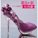 包邮女单鞋新款紫色中高跟细跟婚鞋新娘礼服鞋水钻防水台浅口大码