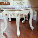 欧式简约 实木做旧布艺梳妆凳 法式时尚象牙白雕花化妆凳 小凳子