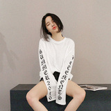 2016韩国代购女装新款明星同款梵文字母印花超长袖休闲T恤女卫衣