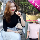 韩国秋季新款女装小半高领五分袖t恤女修身紧身黑色中袖打底衫潮