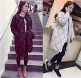 冬装2015大码韩版学生百搭修身菱形格中长款棉衣女加厚羽绒棉外套