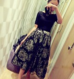 2016夏装韩版春秋女装欧根纱短袖高腰蓬蓬中长款连衣裙两件套套装