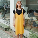 韩国代购Cherrykoko正品直邮 夏新款 清新纯色的双肩带直筒连衣裙