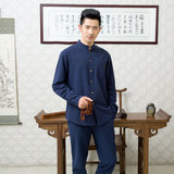 中国风复古中山装高端亚麻长袖立领中式休闲上衣加大码中青年男装
