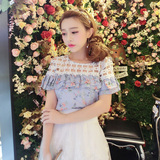 夏季韩版小清新镂空蕾丝花边碎花上衣甜美气质荷叶袖短袖衬衫女