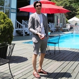 正品韩国代购男装 16春夏薄款男士修身休闲西装外套格纹西服套装