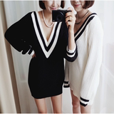 2015韩国东大门代购唯美个性海军风条纹深V领针织衫套头毛衣 女