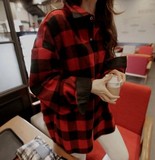 衬衫2015春秋韩版学生女式小外套休闲时尚宽松中长款复古黑红格子