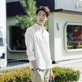 夏季流行男装长袖衬衫韩版青年修身条纹衬衣格子男士学生