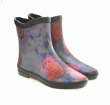 外贸出口原单 时尚欧美烫金玫瑰花防雨布面女士短筒雨鞋雨靴水鞋