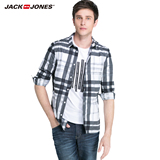 JackJones杰克琼斯夏装男士棉格子方领修身7分袖衬衫E|215331001